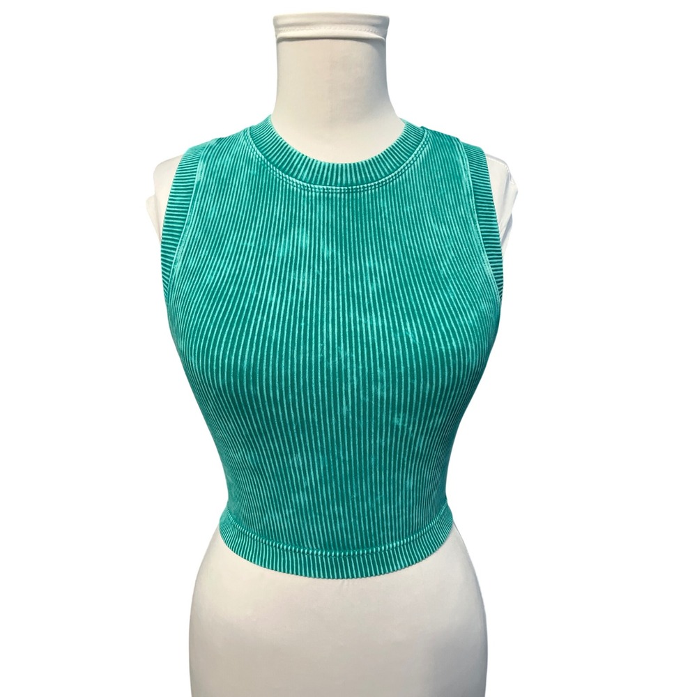 Zenana Mineral Wash Ribbed Seamless‎ Crop Tank Top Teal Green S/M NTW-6164A